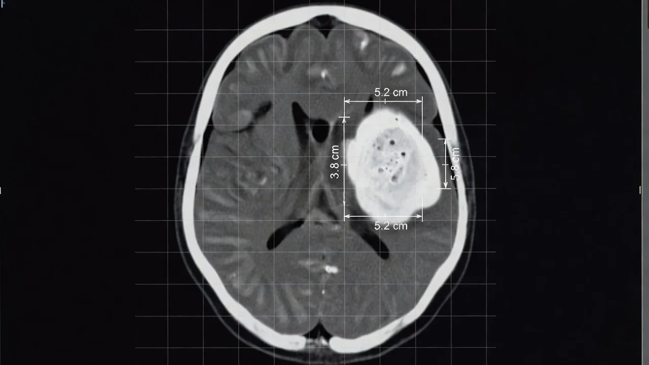 Axial non-contrast head CT demonstrating ABC/2 volume measurement technique for intracerebral hemorrhage