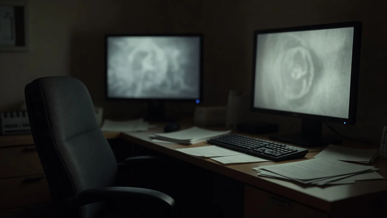Photorealistic view of a radiology workstation monitor displaying a non-contrast head CT slice with multiple window presets open side by side, a keyboard and mouse on the desk, soft overhead lighting, and a plain beige wall in the background.