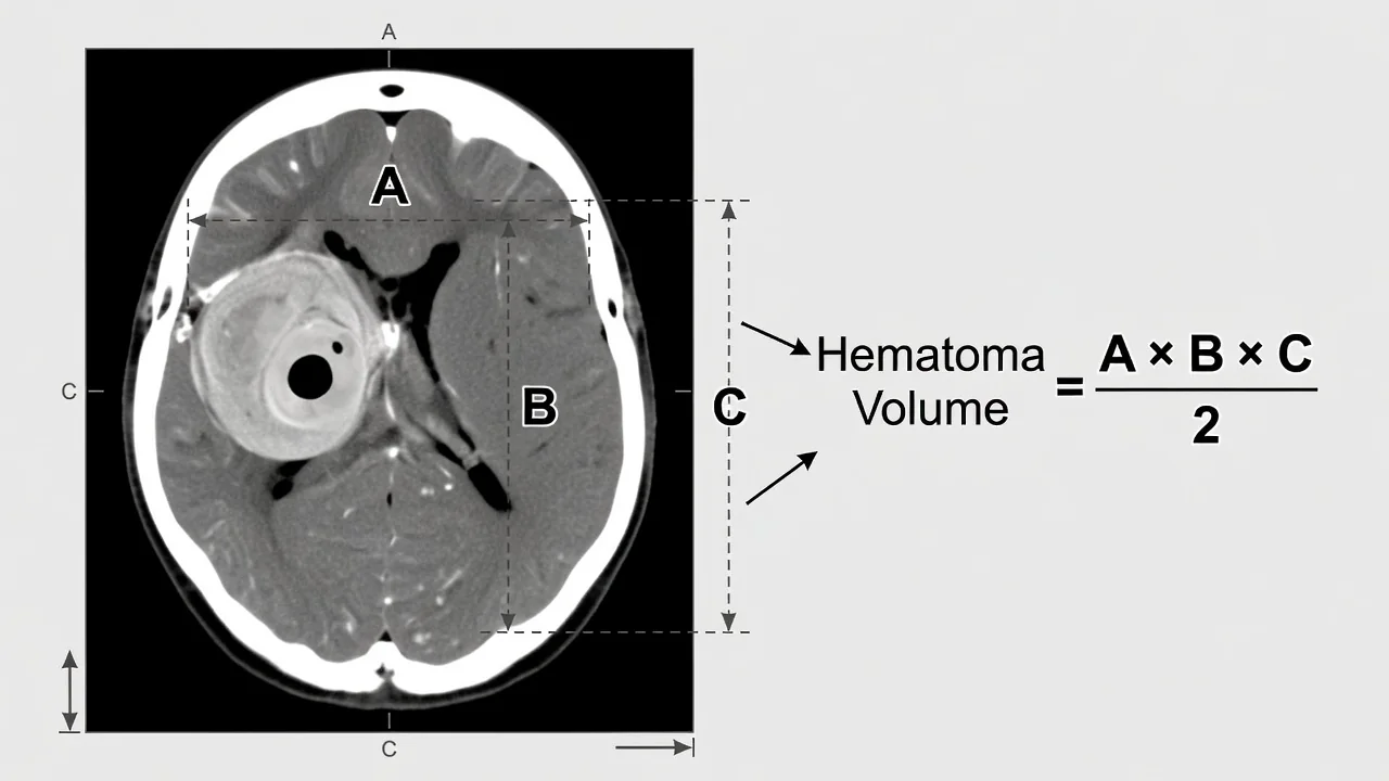 Illustration of ABC/2 hematoma volume measurement on axial CT showing perpendicular diameters A, B, and C