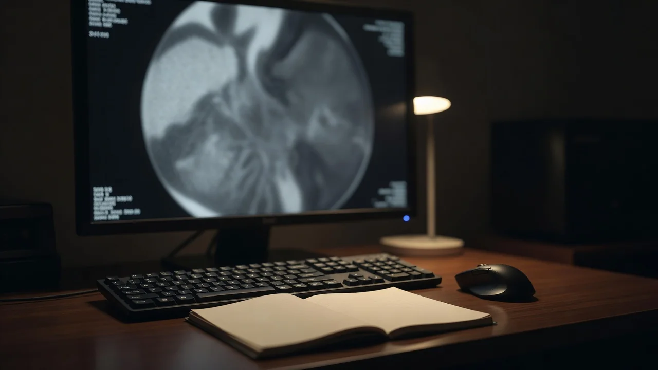 Photorealistic view of a radiology workstation monitor displaying a head CT series beside a printed report on a clean desk in a quiet reading room with soft overhead lighting