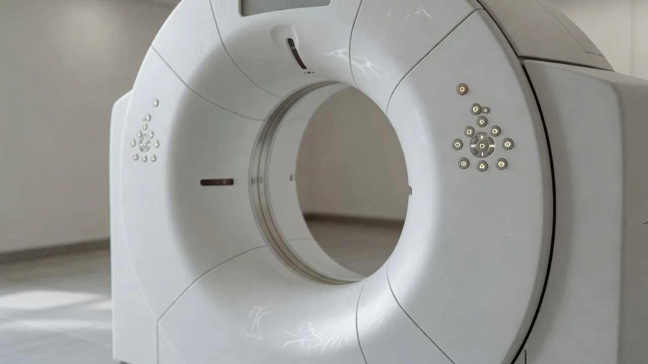 Empty CT scanner room with a smooth padded table positioned in front of a large circular gantry, soft overhead lighting, and a plain beige wall in the background