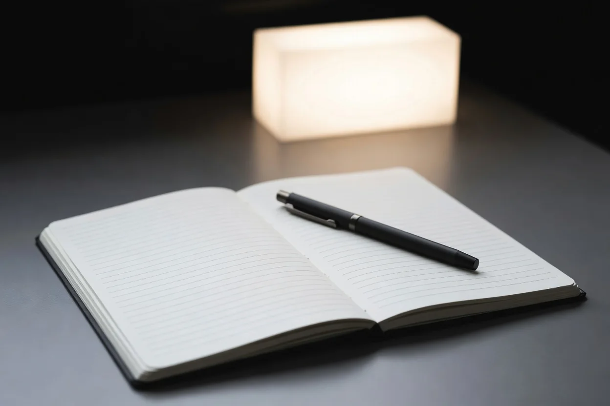 Open blank lined notebook with a pen on a desk in a dark radiology reading room, glowing lightbox blurred in the background